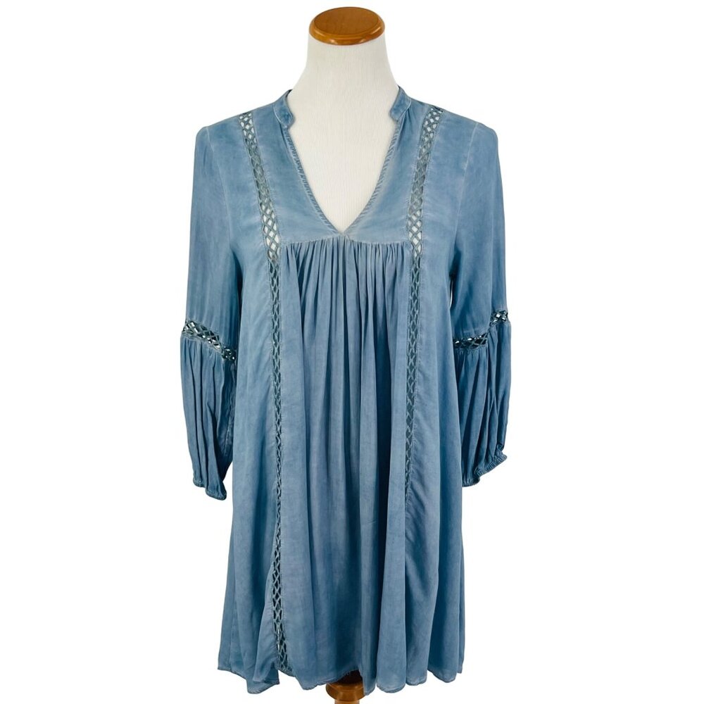 Dusty Blue Crochet Trim Relaxed Tunic Mini Shirt Dress | Coastal Cowgirl Boho S - Picture 9 of 11